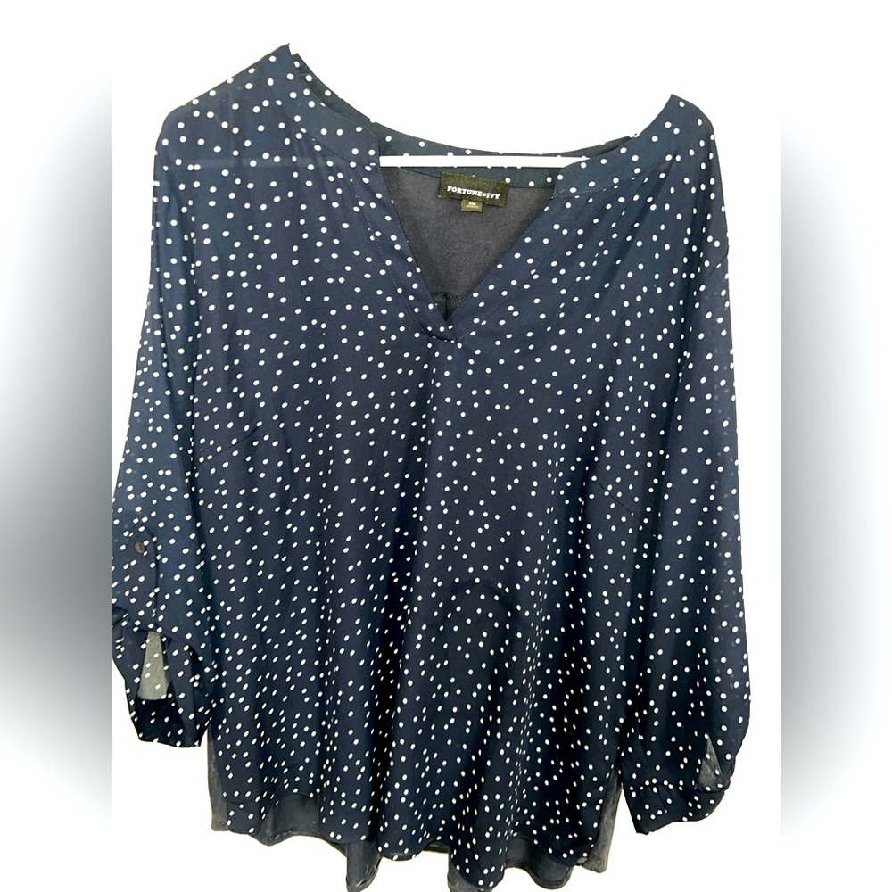 Fortune + Ivy Blue and White polka dot 3/4 Sleeve Blouse Size XXL Stitch Fix